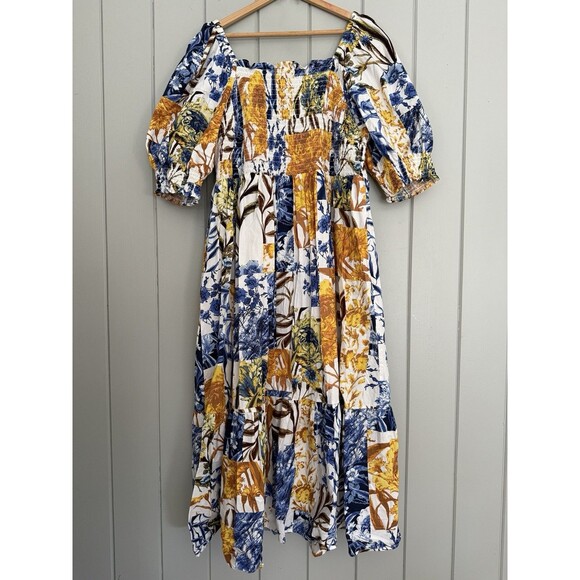 INC Dress 2X Printed Smocked Tiered Puff Sleeve Flowy Maxi Cotton Blue Gold - Picture 2 of 7